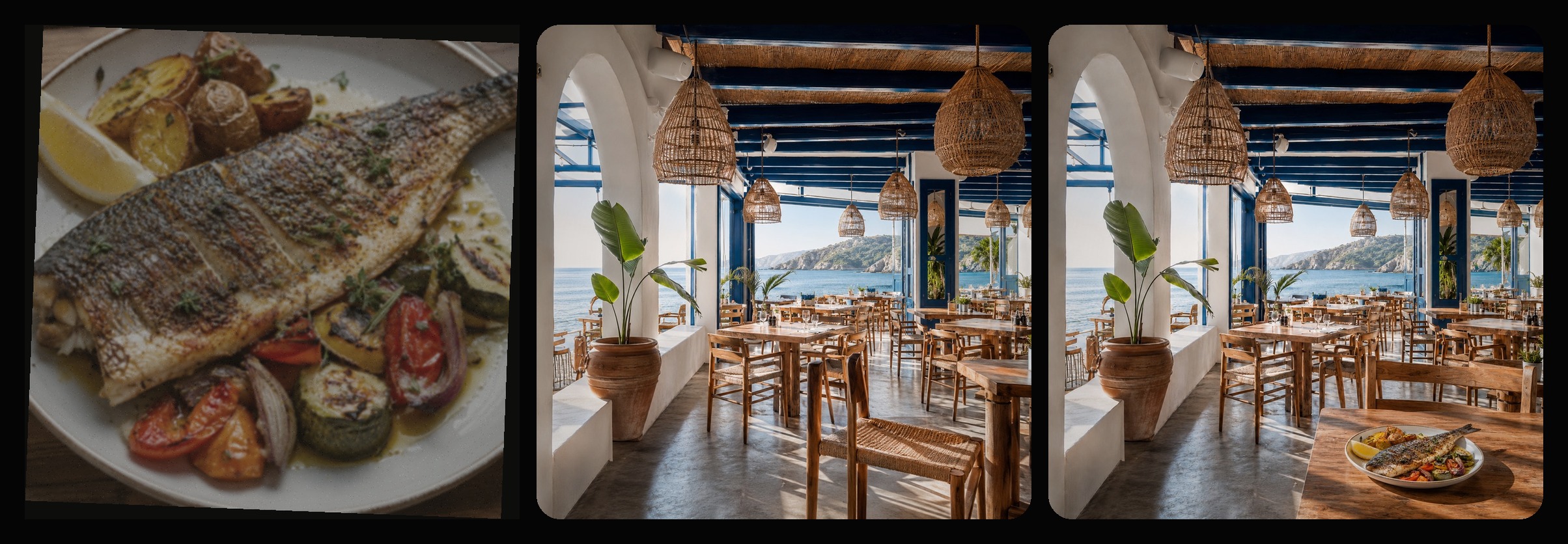 Before and after workflow showing a rough dish photo, a restaurant scene, and the final composed food visual.