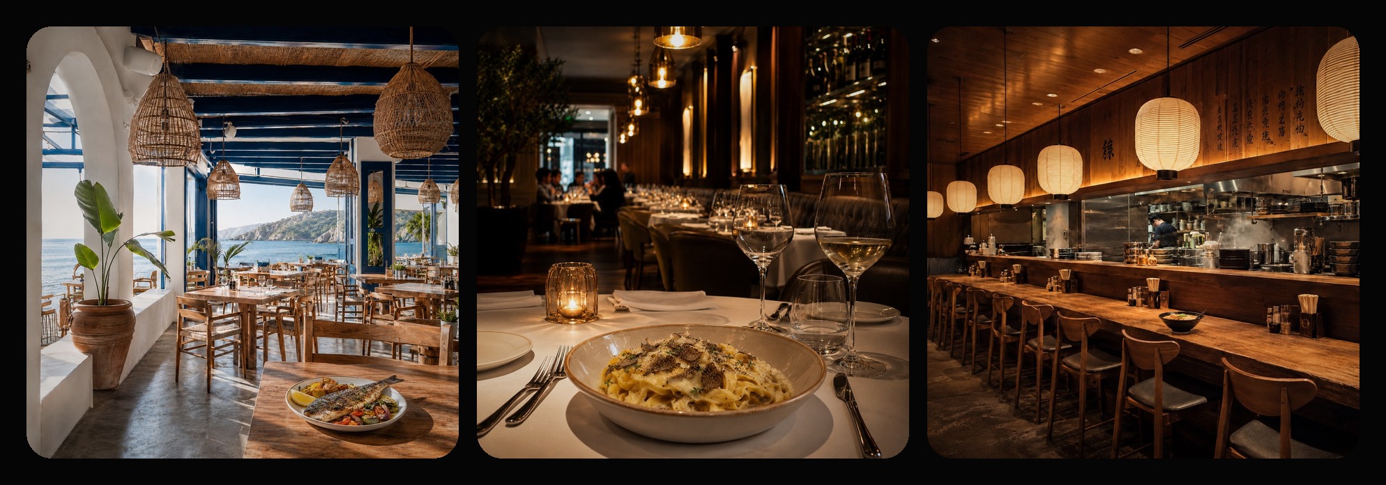 Three realistic composed restaurant food visuals used to compare Standard Compose and Angle-Safe Compose workflows.
