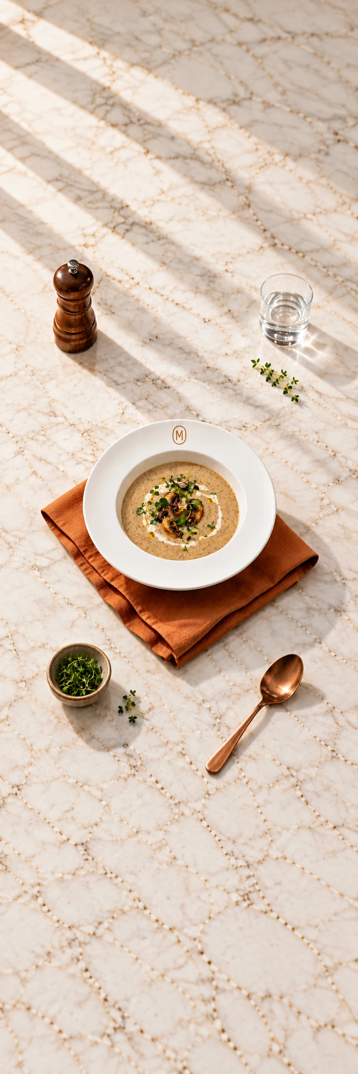 Creamy mushroom soup with a copper M logo and copper linen napkin