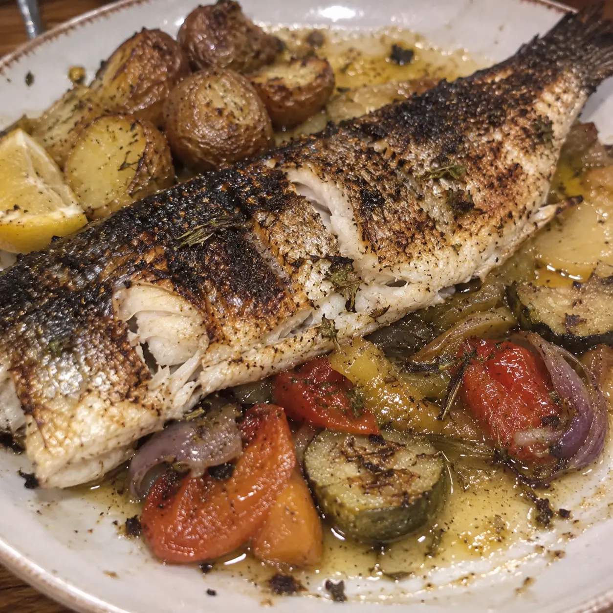 Original phone photo of roasted fish and vegetables